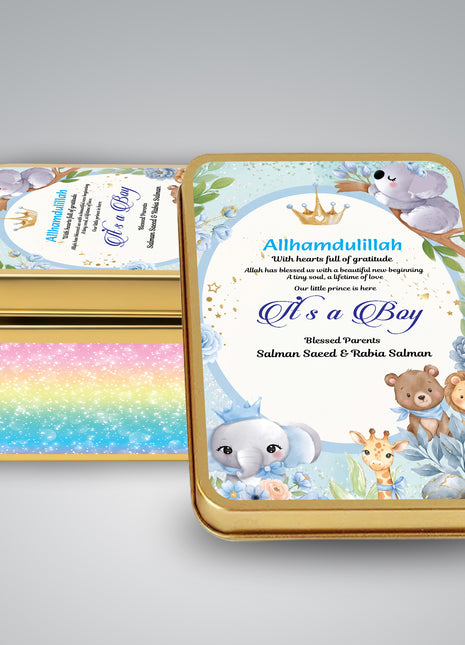 Premium Birth Announcement Tin Boxes – Custom Printed Baby Arrival Gifts & Methie Boxes in Pakistan
