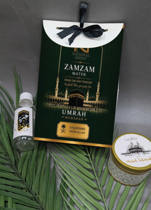 Hajj & Umrah Tabarruk Gift Set – Customized Bag, Tin Box & Zamzam Bottle (Complete Package)