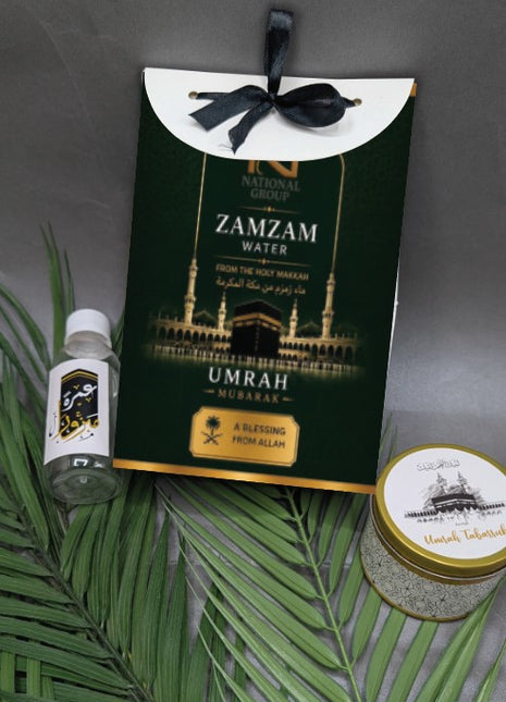 Hajj & Umrah Tabarruk Gift Set – Customized Bag, Tin Box & Zamzam Bottle (Complete Package)