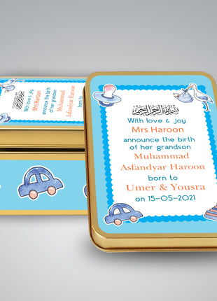 Premium Birth Announcement Tin Boxes – Custom Printed Baby Arrival Gifts & Methie Boxes in Pakistan