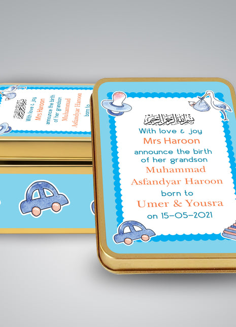 Premium Birth Announcement Tin Boxes – Custom Printed Baby Arrival Gifts & Methie Boxes in Pakistan