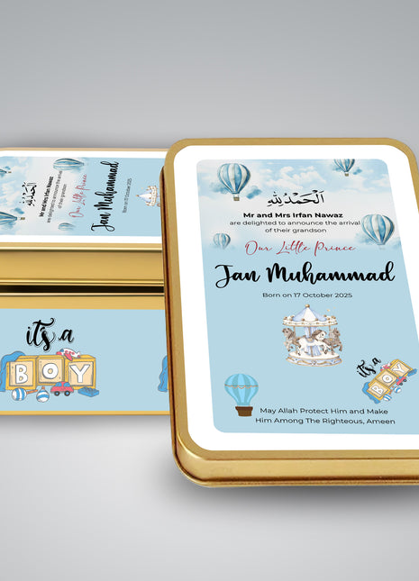 Premium Birth Announcement Tin Boxes – Custom Printed Baby Arrival Gifts & Methie Boxes in Pakistan