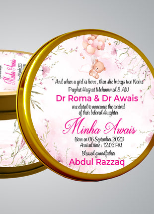 Premium Birth Announcement Tin Boxes – Custom Printed Baby Arrival Gifts & Methie Boxes in Pakistan