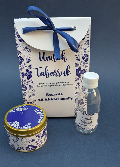 Hajj & Umrah Tabarruk Gift Set – Customized Bag, Tin Box & Zamzam Bottle (Complete Package)