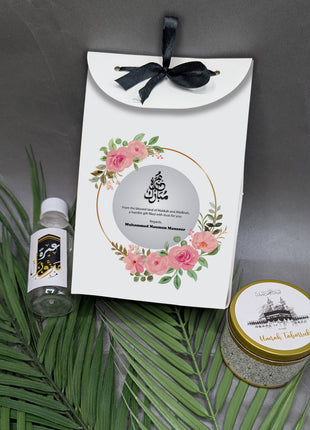 Hajj & Umrah Tabarruk Gift Set – Customized Bag, Tin Box & Zamzam Bottle (Complete Package)