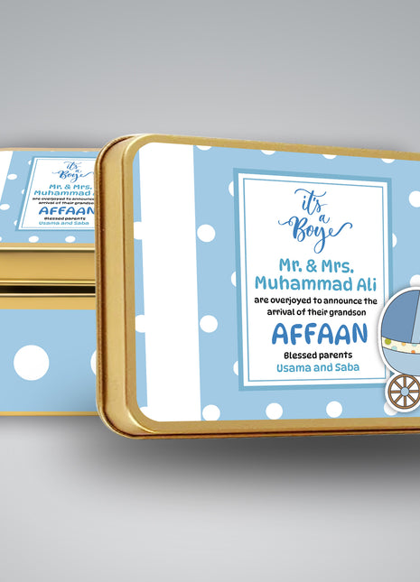 Premium Birth Announcement Tin Boxes – Custom Printed Baby Arrival Gifts & Methie Boxes in Pakistan