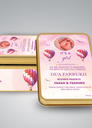Premium Birth Announcement Tin Boxes – Custom Printed Baby Arrival Gifts & Methie Boxes in Pakistan