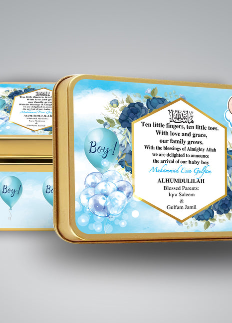 Premium Birth Announcement Tin Boxes – Custom Printed Baby Arrival Gifts & Methie Boxes in Pakistan