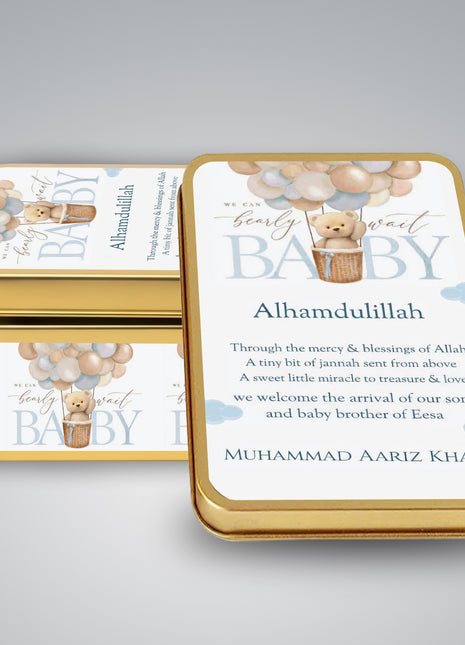Premium Birth Announcement Tin Boxes – Custom Printed Baby Arrival Gifts & Methie Boxes in Pakistan
