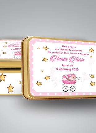 Premium Birth Announcement Tin Boxes – Custom Printed Baby Arrival Gifts & Methie Boxes in Pakistan