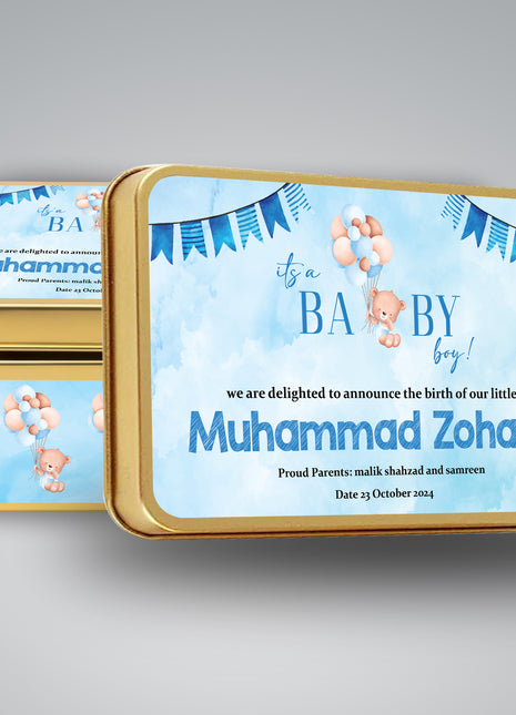 Premium Birth Announcement Tin Boxes – Custom Printed Baby Arrival Gifts & Methie Boxes in Pakistan