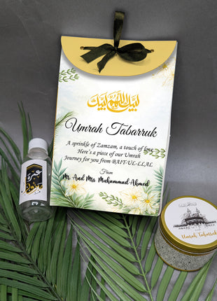 Hajj & Umrah Tabarruk Gift Set – Customized Bag, Tin Box & Zamzam Bottle (Complete Package)
