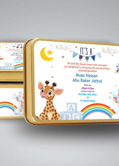 Premium Birth Announcement Tin Boxes – Custom Printed Baby Arrival Gifts & Methie Boxes in Pakistan