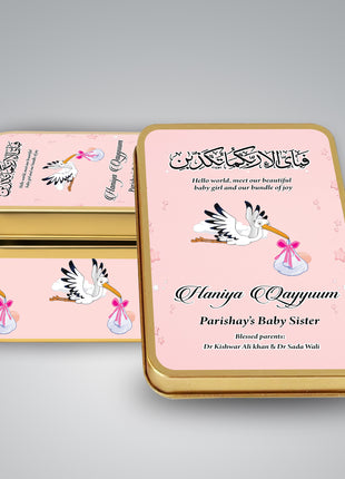 Premium Birth Announcement Tin Boxes – Custom Printed Baby Arrival Gifts & Methie Boxes in Pakistan