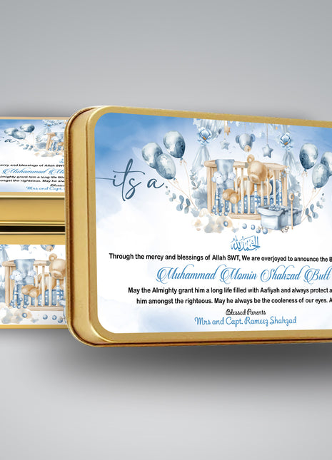 Premium Birth Announcement Tin Boxes – Custom Printed Baby Arrival Gifts & Methie Boxes in Pakistan