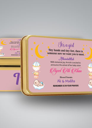 Premium Birth Announcement Tin Boxes – Custom Printed Baby Arrival Gifts & Methie Boxes in Pakistan