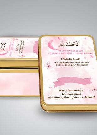 Premium Birth Announcement Tin Boxes – Custom Printed Baby Arrival Gifts & Methie Boxes in Pakistan