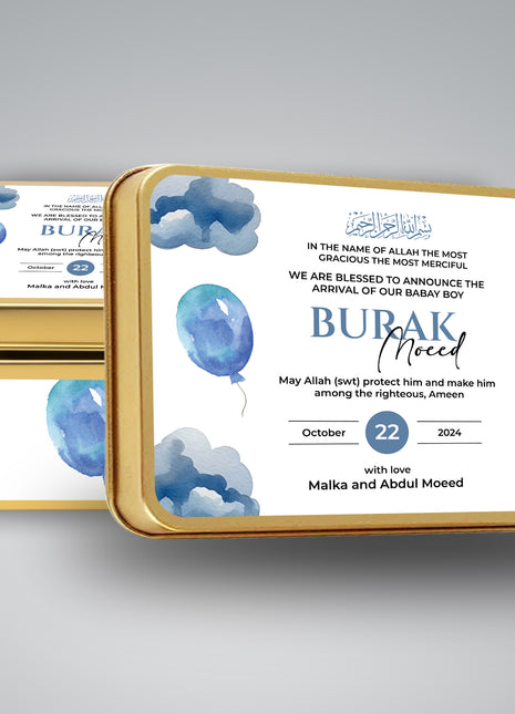 Premium Birth Announcement Tin Boxes – Custom Printed Baby Arrival Gifts & Methie Boxes in Pakistan
