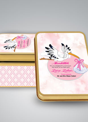 Premium Birth Announcement Tin Boxes – Custom Printed Baby Arrival Gifts & Methie Boxes in Pakistan