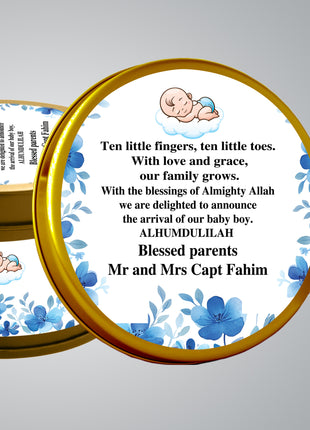 Premium Birth Announcement Tin Boxes – Custom Printed Baby Arrival Gifts & Methie Boxes in Pakistan