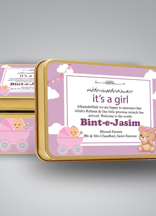 Premium Birth Announcement Tin Boxes – Custom Printed Baby Arrival Gifts & Methie Boxes in Pakistan