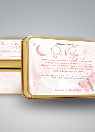 Premium Birth Announcement Tin Boxes – Custom Printed Baby Arrival Gifts & Methie Boxes in Pakistan