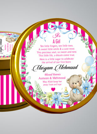 Premium Birth Announcement Tin Boxes – Custom Printed Baby Arrival Gifts & Methie Boxes in Pakistan