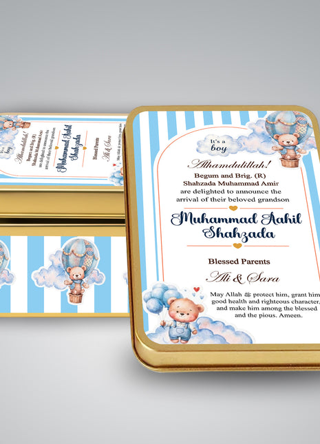 Premium Birth Announcement Tin Boxes – Custom Printed Baby Arrival Gifts & Methie Boxes in Pakistan