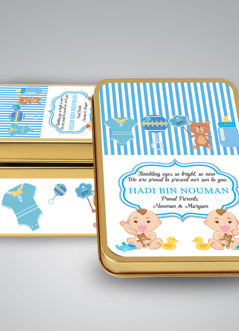 Premium Birth Announcement Tin Boxes – Custom Printed Baby Arrival Gifts & Methie Boxes in Pakistan