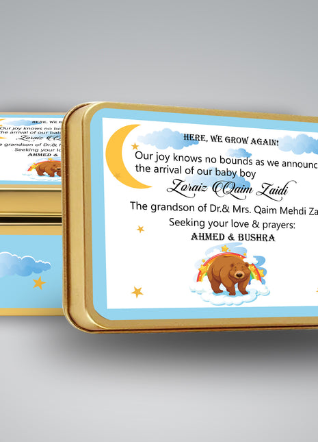 Premium Birth Announcement Tin Boxes – Custom Printed Baby Arrival Gifts & Methie Boxes in Pakistan