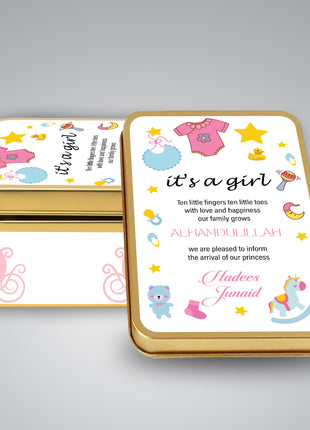 Premium Birth Announcement Tin Boxes – Custom Printed Baby Arrival Gifts & Methie Boxes in Pakistan