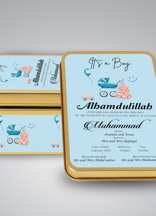 Premium Birth Announcement Tin Boxes – Custom Printed Baby Arrival Gifts & Methie Boxes in Pakistan