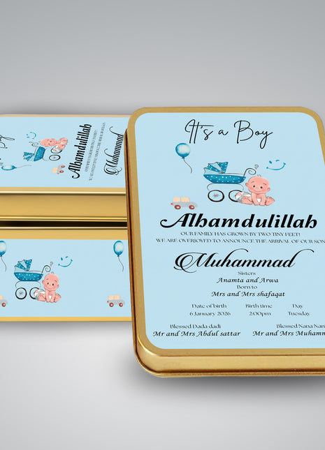 Premium Birth Announcement Tin Boxes – Custom Printed Baby Arrival Gifts & Methie Boxes in Pakistan