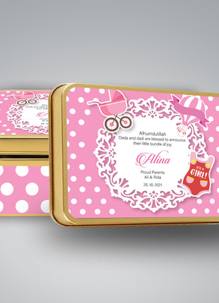Premium Birth Announcement Tin Boxes – Custom Printed Baby Arrival Gifts & Methie Boxes in Pakistan