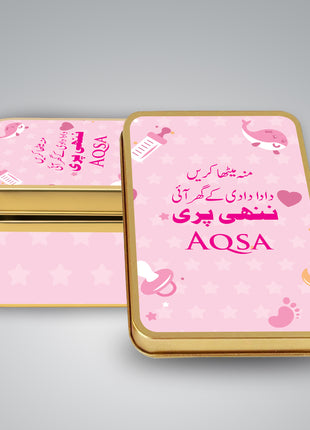 Premium Birth Announcement Tin Boxes – Custom Printed Baby Arrival Gifts & Methie Boxes in Pakistan
