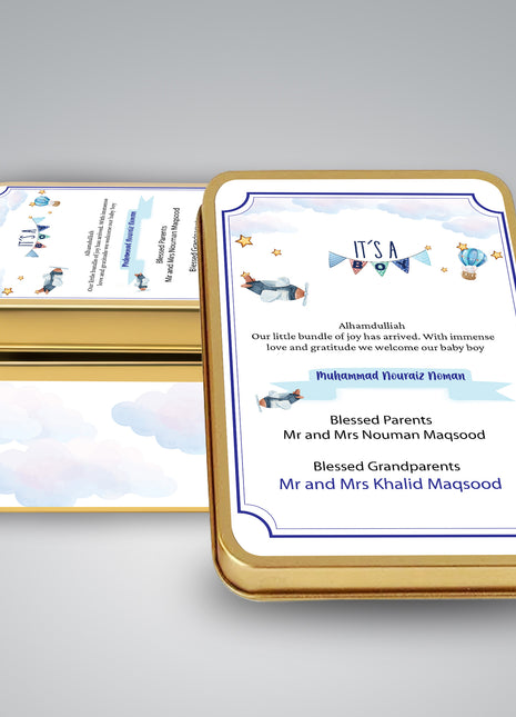 Premium Birth Announcement Tin Boxes – Custom Printed Baby Arrival Gifts & Methie Boxes in Pakistan