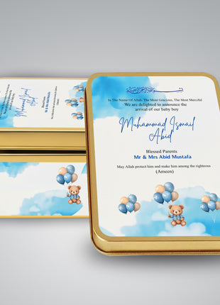 Premium Birth Announcement Tin Boxes – Custom Printed Baby Arrival Gifts & Methie Boxes in Pakistan