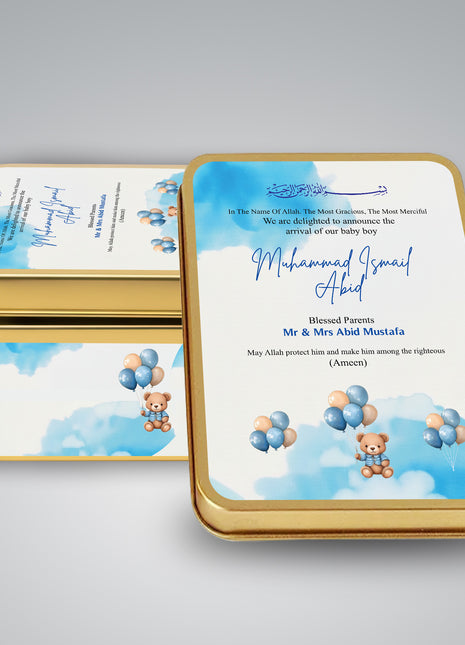 Premium Birth Announcement Tin Boxes – Custom Printed Baby Arrival Gifts & Methie Boxes in Pakistan
