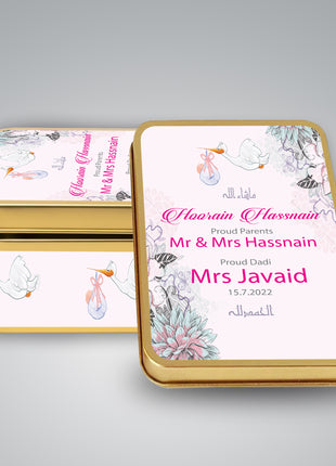 Premium Birth Announcement Tin Boxes – Custom Printed Baby Arrival Gifts & Methie Boxes in Pakistan