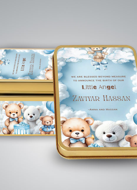 Premium Birth Announcement Tin Boxes – Custom Printed Baby Arrival Gifts & Methie Boxes in Pakistan