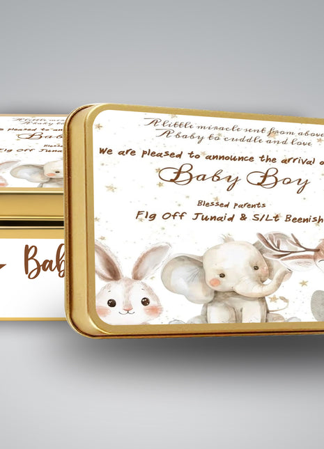 Premium Birth Announcement Tin Boxes – Custom Printed Baby Arrival Gifts & Methie Boxes in Pakistan