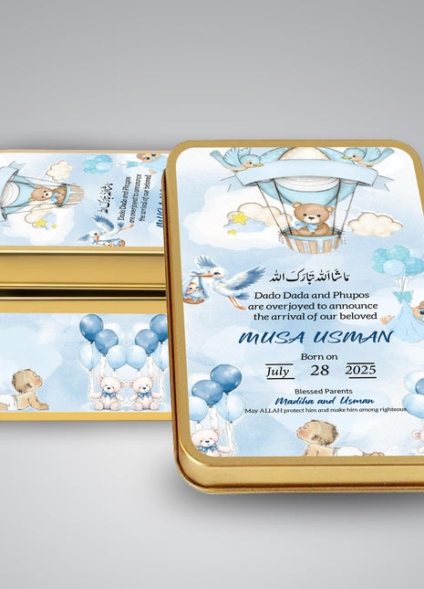 Premium Birth Announcement Tin Boxes – Custom Printed Baby Arrival Gifts & Methie Boxes in Pakistan