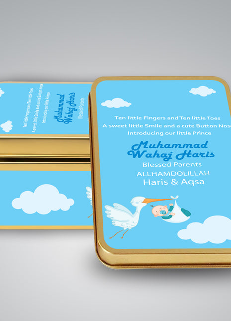 Premium Birth Announcement Tin Boxes – Custom Printed Baby Arrival Gifts & Methie Boxes in Pakistan
