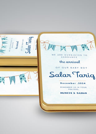 Premium Birth Announcement Tin Boxes – Custom Printed Baby Arrival Gifts & Methie Boxes in Pakistan