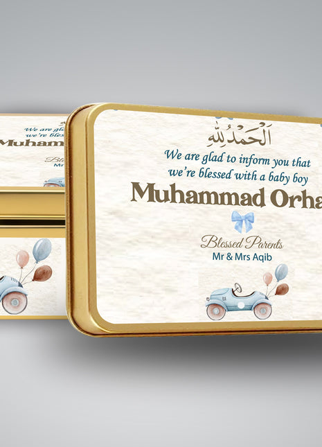 Premium Birth Announcement Tin Boxes – Custom Printed Baby Arrival Gifts & Methie Boxes in Pakistan