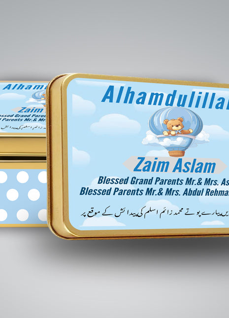 Premium Birth Announcement Tin Boxes – Custom Printed Baby Arrival Gifts & Methie Boxes in Pakistan