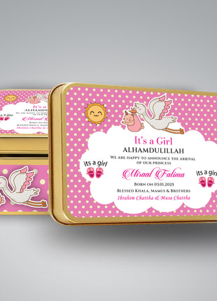 Premium Birth Announcement Tin Boxes – Custom Printed Baby Arrival Gifts & Methie Boxes in Pakistan