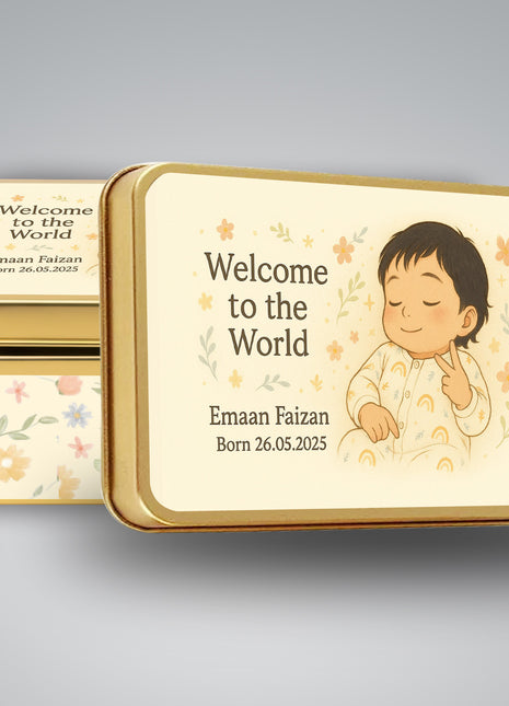 Premium Birth Announcement Tin Boxes – Custom Printed Baby Arrival Gifts & Methie Boxes in Pakistan