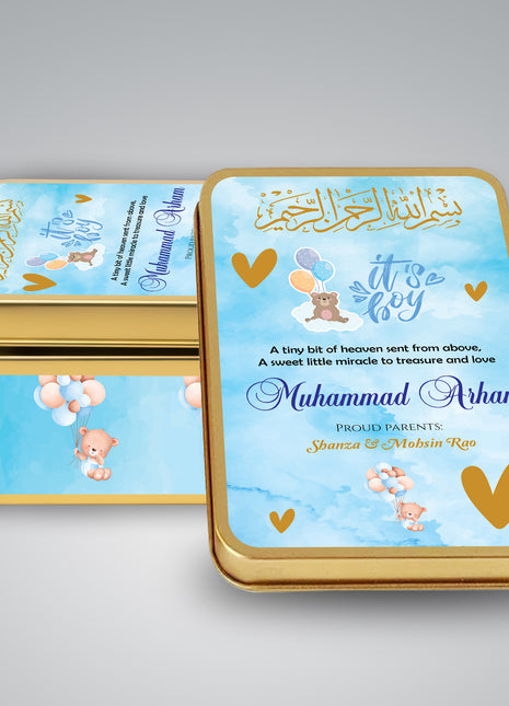 Premium Birth Announcement Tin Boxes – Custom Printed Baby Arrival Gifts & Methie Boxes in Pakistan
