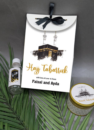 Hajj & Umrah Tabarruk Gift Set – Customized Bag, Tin Box & Zamzam Bottle (Complete Package)